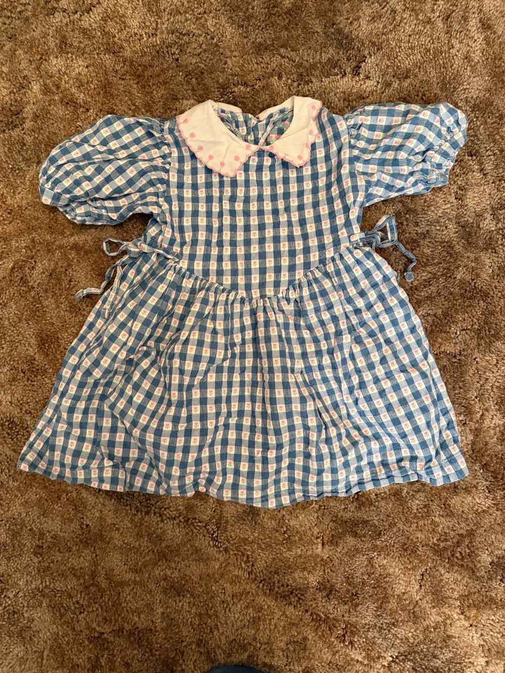 Vintage Blue Gingham Girls Dress with Embroidered Collar & Side Ties Cottage